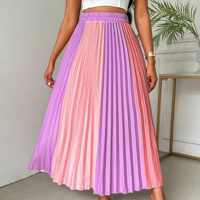 VaVaBold Women&#39;s Elastic Waist Colorblock Pleated Long Elegant Skirt Maxi Women Outfit