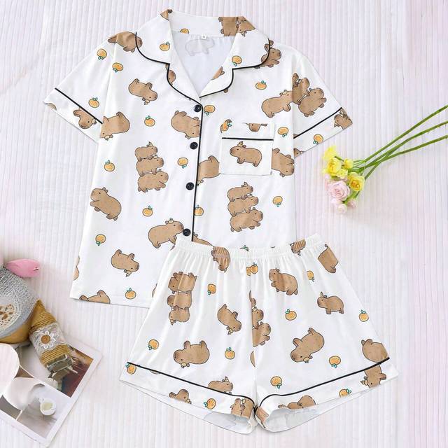SHEIN Cute Capybara Printed Ladies&#39; Pajama Set, Comfortable Turn-Down Collar Short-Sleeved Top And Loose Elastic Shorts, Casual Outdoor Women&#39;s Sleepwear An