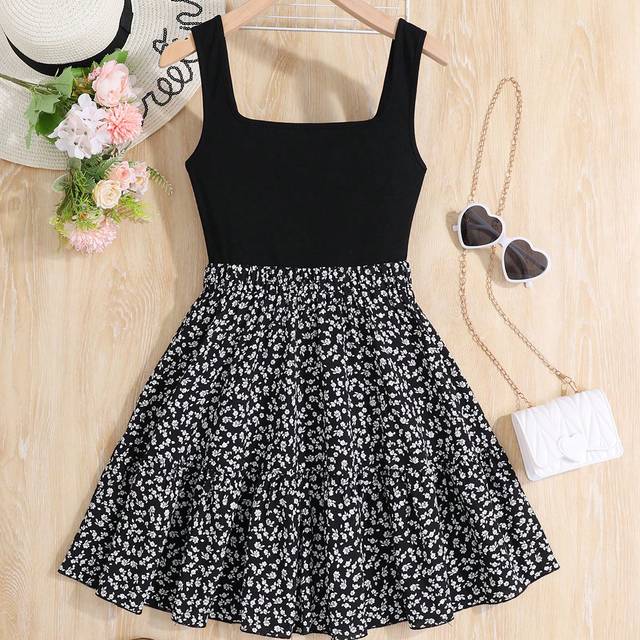 SHEIN Teen Girls Black Floral Knitted Vest Splice A-Line Holiday Casual Dress