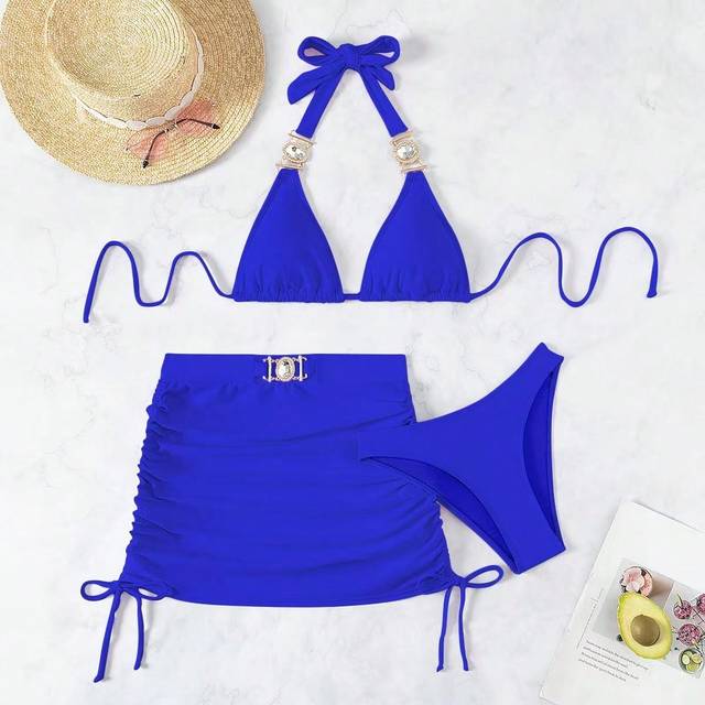 SHEIN Women&#39;s Solid Color Halter Strap Sexy Bikini Set, Cover Up Skirt, 3pcs,Summer Beach