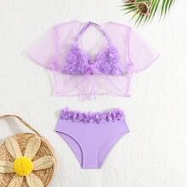 Ung flicka Blomma Applique Grimma Bralette, bikinibotten, genomskinlig kortärmad Cover Up Bikiniset - Blåröd (6Y,7Y,4Y,5Y)