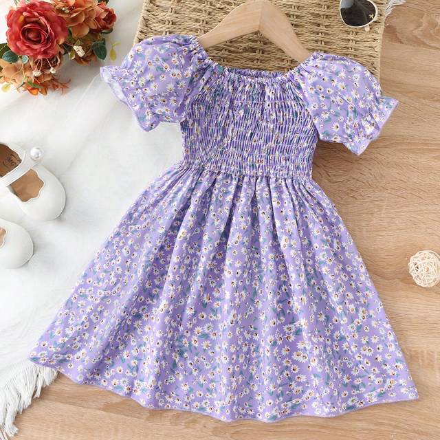 SHEIN Young Girls&#39; Floral Printed Square Neckline Sleeveless Dress For Summer