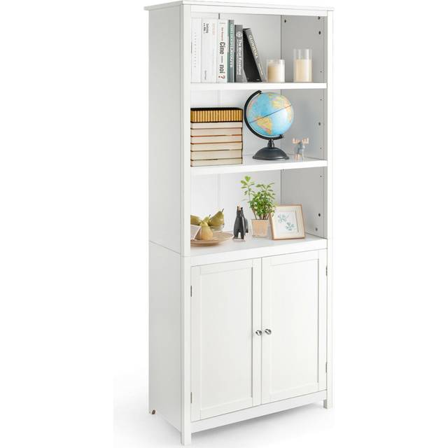 Wooden Tall Bookcase with 3-Tier Storage Cabinet-White