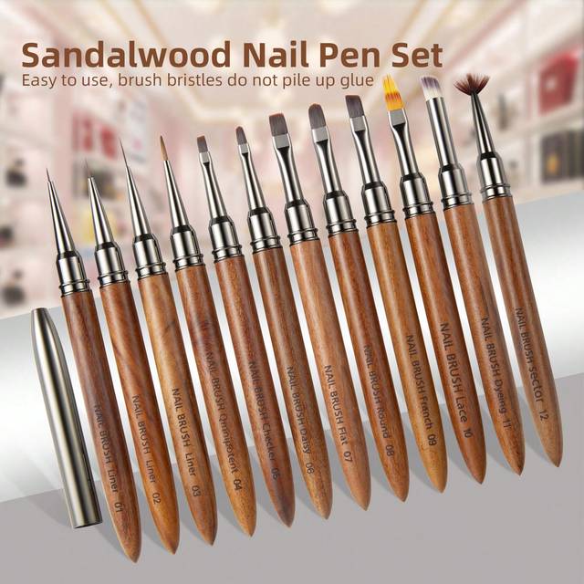 SHEIN Sandalwood Handle Nail Art Pulling Line Brush, Japanese Style Nail Drawing & Sculpture Tools