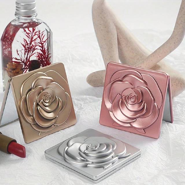 SHEIN 1pc Rose Design Compact Mirror, Elegant Square Travel Makeup Mirror For Women And Girls, Portable Folding Handheld Cosmetic Mirror Gift, For Pocket, P