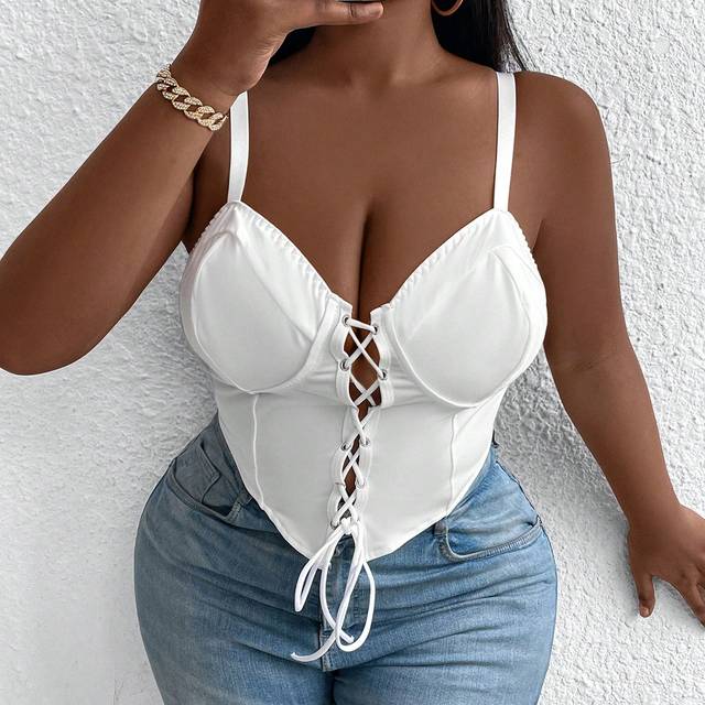 Allurite Plus Size Women&#39;s Solid Color Ribbed Tie Strap Slim Fit Camisole Tank Top, Summer