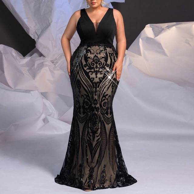 Glamrae Plus Size Black Satin Patchwork Luxury Sequins Sexy See Through Design Elegant Fishtail Heavy Duty Evening Formal Dresses Prom Wedding Guest Gown, For