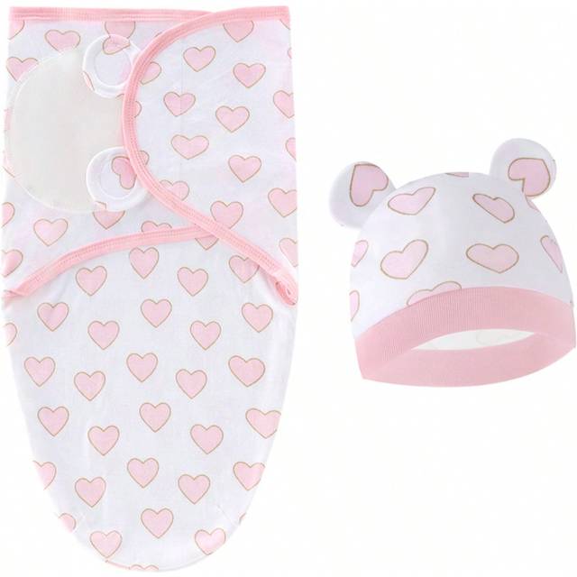 SHEIN 1set Newborn Swaddle Blanket & Hat, Infant Wrap Blanket, Anti-Kick Sleeping Bag, Spring Autumn Baby Gift, 0-6 Months Love Valentine