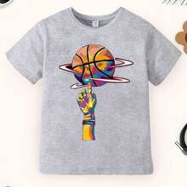 Ung pojke Elegant baskettryckt T-shirt med rund hals med fet och cool design, sommar - Grå (6Y,7Y,8Y,9Y,10Y,11-12Y,4Y,5Y,13-14Y)