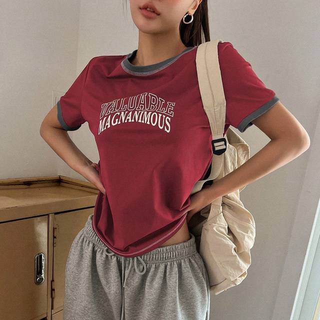 DAZY Contrast Color Block Letter Print With Thread Decoration Round Neck Loose Women&#39;s Short Sleeve T-Shirt