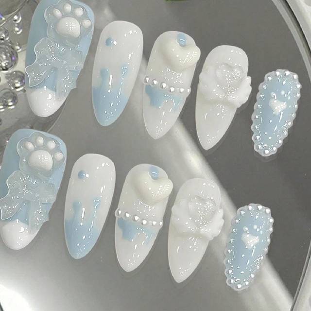 YADORNOS 10pcs Blue Cute Bow Cat Claw Handmade Press On Nails, Sweet Pearl Dotted Long Almond False Nails, Valentine&#39;s Day Nails, Full Cover False Nails With J