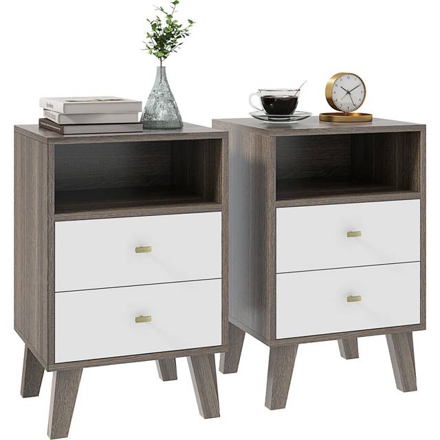 Homcom Bedside Tables Set Of 2, Modern Nightstand With 2 Drawers And Open Cubby In Grey - One Size