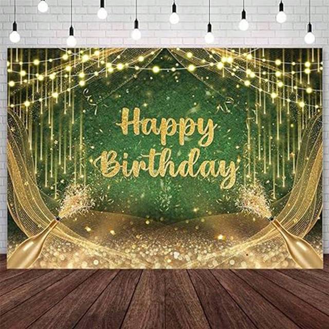 SHEIN Green Happy Birthday Photography Background Cloth With Gold Sparkles, Birthday Party Decorations, Photo Studio Props, For Boys And Girls,Christmas Mot
