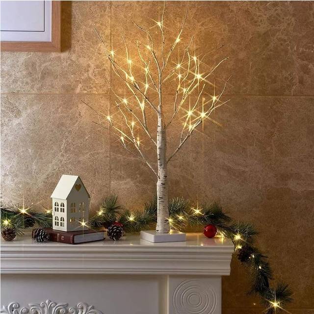 (Pre-Lit Twig Tree 2ft) Small Birch Twig Tree Pre-Lit 24 Warm White LED USB Battery Operated Festive