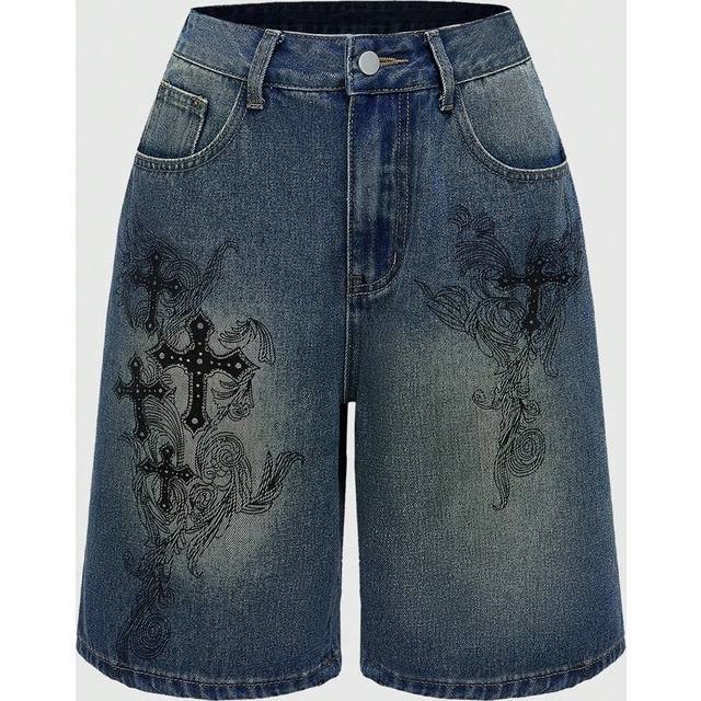 ROMWE Women&#39;s Cross Pattern Casual Bermuda Denim Shorts With Pockets