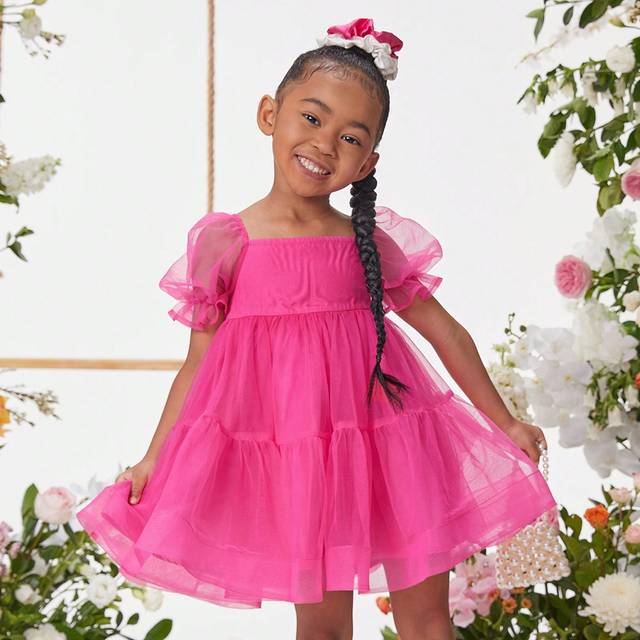 SHEIN Young Girl&#39;s Wedding Season Square Neck Short Sleeve Mesh Dress