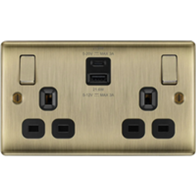 BG Nexus Metal Power Socket With USB A+C Fast Charge 22W 2 Gang (13A) in Antique Brass Plastic