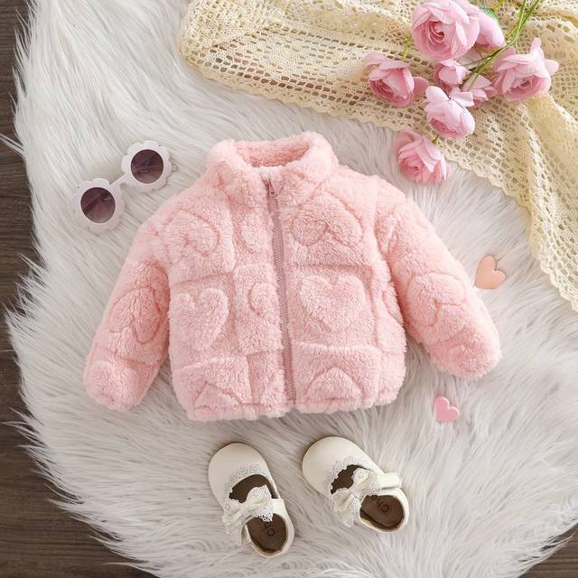 SHEIN Newborn Baby Girl Cute Furry Stand Collar Jacket, Autumn & Winter Warm Coat