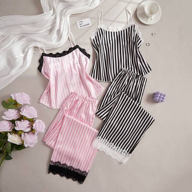 SHEIN 2 Sets Of Color-Contrast Striped Lace Trimmed Cami Top And Long Pants Pajamas, Artificial Silk Material