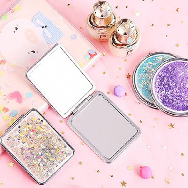 SHEIN Shiny Quicksand Makeup Mirror Portable Magnifying Hand Square Makeup Standing Vanity Foldable Pocket Mirror Cute Compact Girls