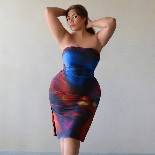 Flirla Mesh Printed Plus Size Bodycon Bandeau Dress