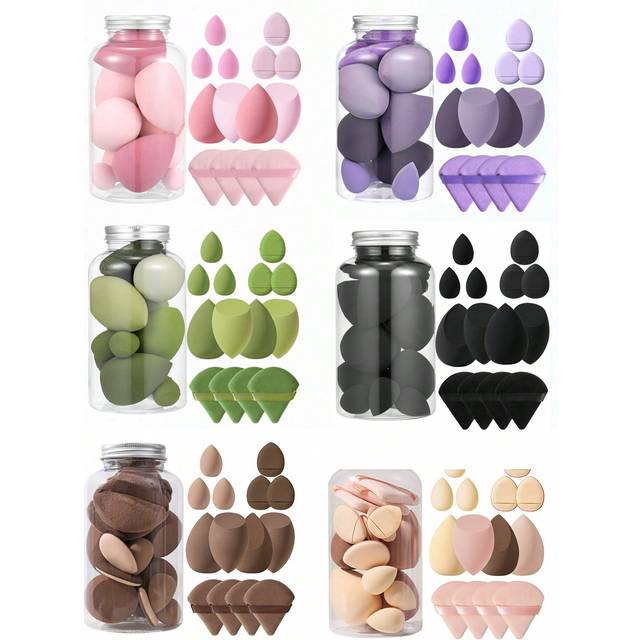 SHEIN 14pcs Makeup Sponge Set With Storage Container, Soft Beauty Sponge Applicable For Liquid Foundation, Fingertip & Powder Puff Dual-Use For Dry & Wet Po