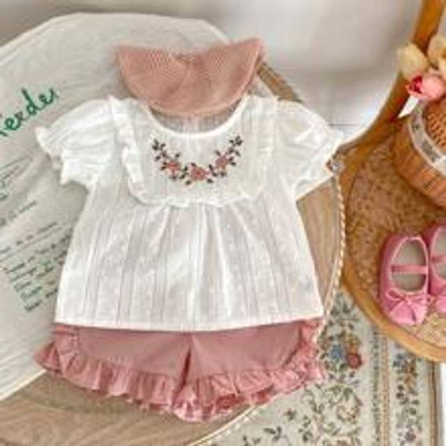 Baby Girl Sommar Nya Modekläder, Broderad Puff-Sleeved Top Med Knappar Och Rufsig Fåll Shorts, 2st/Set - Beige (6-9M,12-18M,18-24M,2-3Y,3-6M)