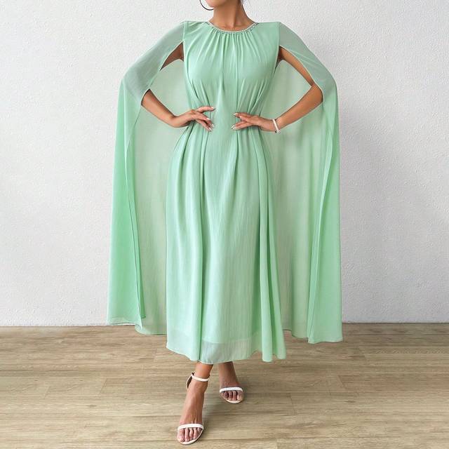 Rafferiza Elegant Women&#39;s Plain Round Neck Cape Sleeve Long Dress