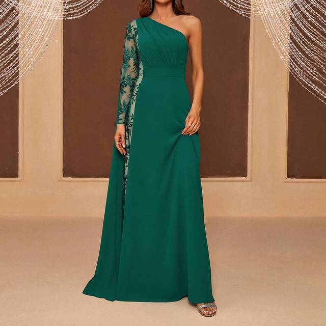 SHEIN Women&#39;s Evening Party Dress With Beaded Fabric Splicing, Fluffy Sleeves, Ruched Bust And Big Swing