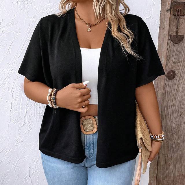SHEIN Plus Size Women&#39;s Summer Solid Color Short Sleeve Casual Cardigan