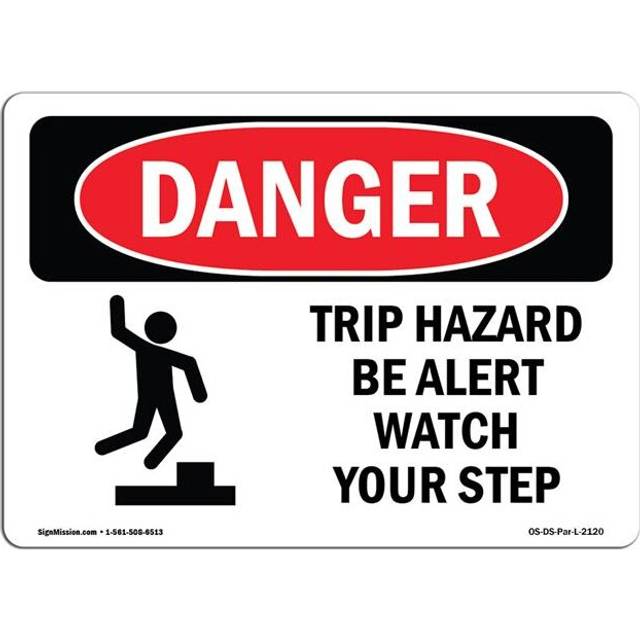 SignMission OS-DS-D-35-L-2120-10PK OSHA Danger Sign - Trip Hazard Be Alert Watch Your Step