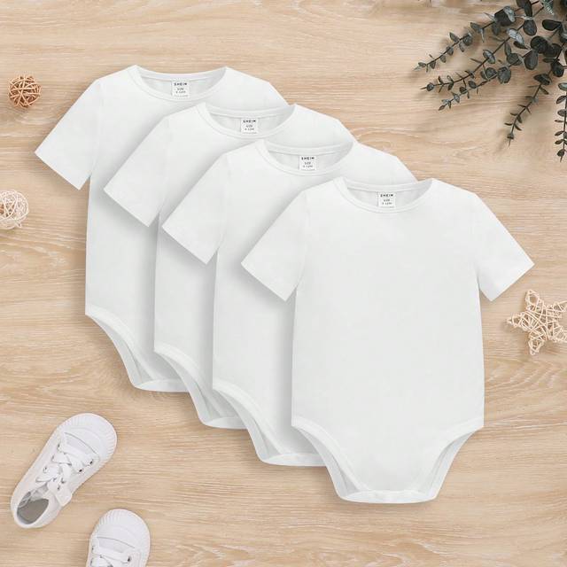SHEIN Newborn Baby Boy 4pcs Knitted Soft Round Neck Short Sleeve Bodysuit