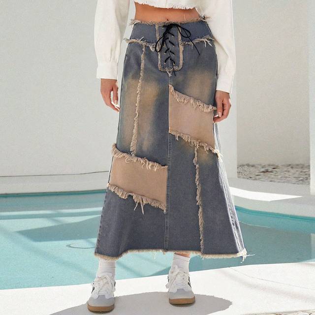 SHEIN Petite Brown Vintage Wash Lace Up Patchwork Midaxi Skirt