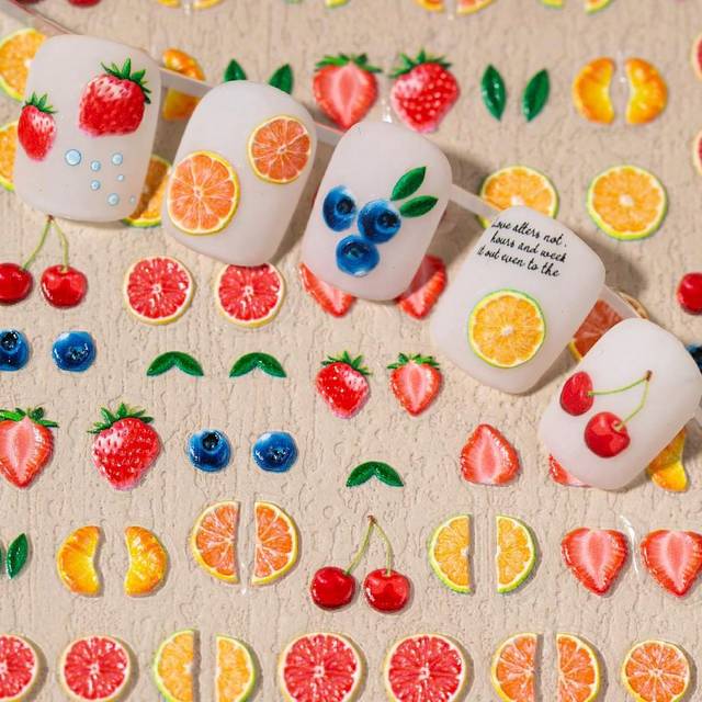 SHEIN 1 Piece Of Embossed Summer Fruit Nail Art Sticker Decoration With Orange, Lemon, Strawberry, Grape, Blueberry, Watermelon And Other Graphic Nail Art E