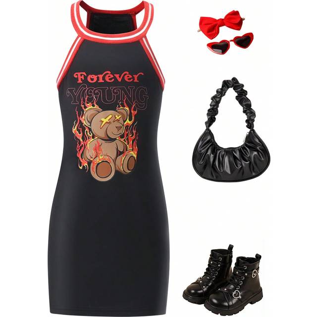 SHEIN Girls Flame Bear Pattern Fitted Splice Collar Dress, Summer. This Dress Is Made Of Knitted Milk Silk Fabric With Splice Contrast Collar And Rib Trim.