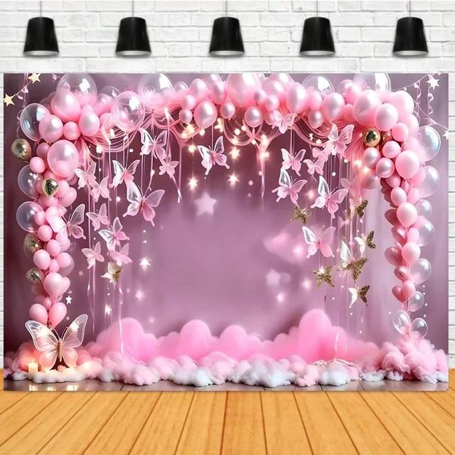 SHEIN Photography Backdrop Pink Butterfly Balloon Flower Birthday Party Family Gathering Background Star String Lights Decoration Photography Props Vinyl,Ch