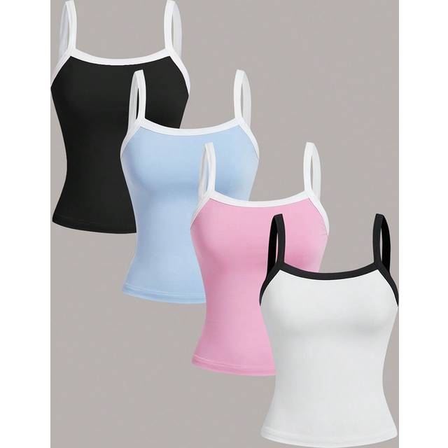 SHEIN Ladies&#39; Summer Sporty Trainning Color-Block Casual Camisole, Back&White&Pink&Blue 4 Packs Camisole, Knit Camisole Tennis Top
