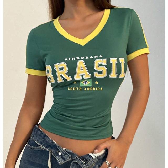 Flirla Women Casual Sports V-Neck Brazilian Color Blocking Short Sleeve T-Shirt Graphic Tees Women Tops
