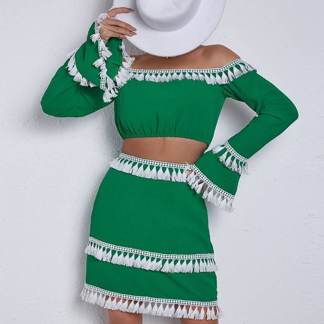 Breezaya Off Shoulder Fringe Trim Crop Top & Skirt
