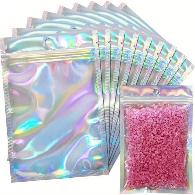 SHEIN 50pcs Laser Rainbow Gift Bags With Various Sizes, Reusable Zipper Bags With Self-Sealing Laser-Rainbow Design, Suitable For Small Business Candy Bags