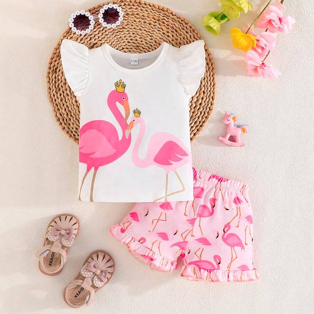 SHEIN Summer Fashion Two-Piece Set For Baby Girls, With Cap Sleeves, Cute Unicorn Print Top, And Casual Shorts With Ruffle Trim