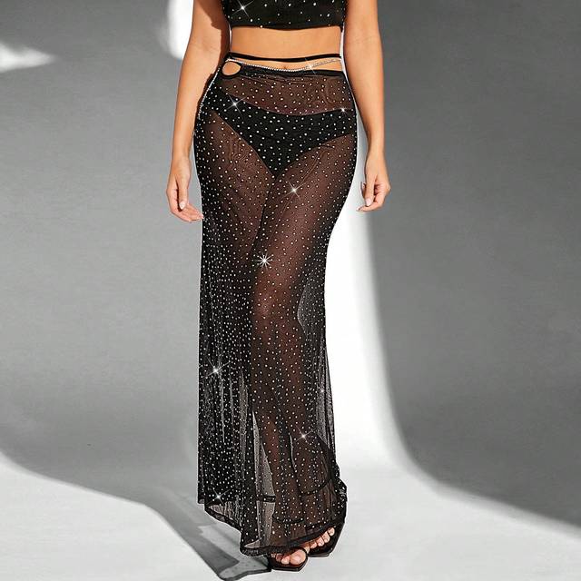 Hauture Tie Strap Waist Rhinestone Sequin Maxi Skirt