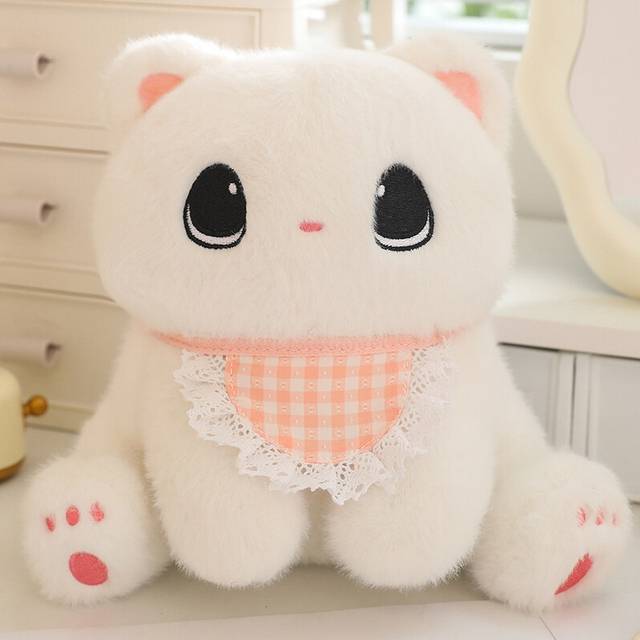 (White Pink, 20cm/7.87in) Big Eyed Cat Plush Toy Soft Short Fur Cartoon Kitten Doll Kids Birthday Gift