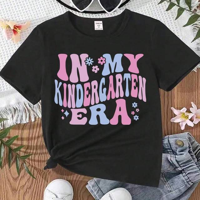 SHEIN Young Girl Casual Floral Alphabet Slogan Printed Short Sleeve T-Shirt For Toddlers