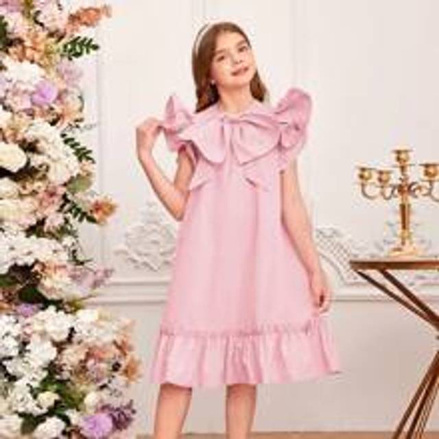 Tween Girl Casual Rundhalsad volangärmsklänning med stor pilbåge, volangfåll och pärldekorationer - Rosa (8Y,9Y,10Y,11Y,12Y)