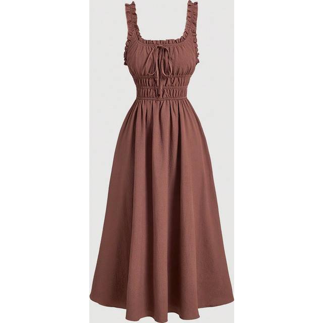 SHEIN Women&#39;s Brown Solid Simple Everyday Tank Long Dress With Pleats And Tie Bow,Western,Vintage,Back To School,Work