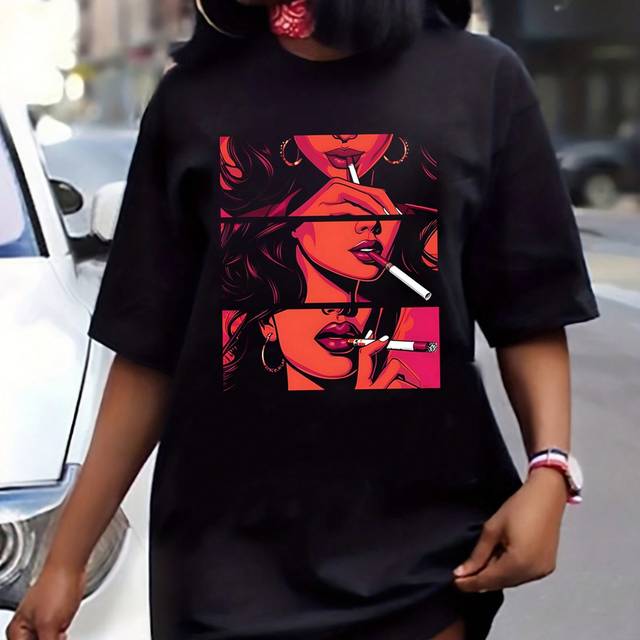 Slaydiva Casual & Minimalist Casual Round Neck Short Sleeve Short Dress With Smoking Girl Pattern Print, Suitable For Summer