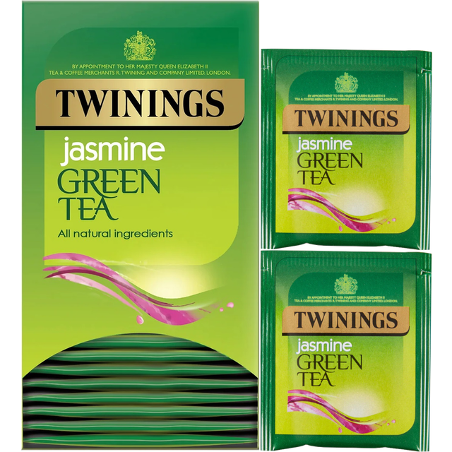 Twinings green tea & jasmine tea bags individually enveloped tagged sachet herb