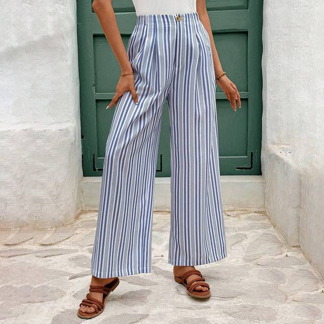 SHEIN Women&#39;s Contrast Stripe Wide Leg Vacation Lounge Pants Lue And White Striped Casual Wide Leg Pants, High Waist Design, Striped Bottom, Casual Fashion