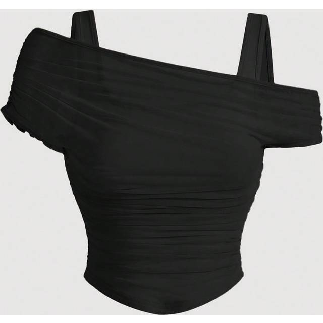 SHEIN Solid Color Tank Top With Black Mesh Cover-Up Women&#39;s Top, Asymmetric, One Shoulder, Pleated